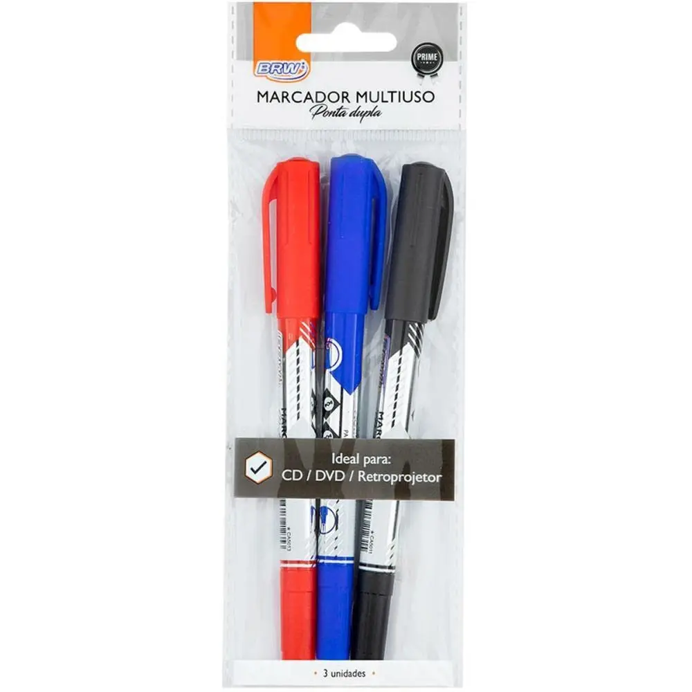 Caneta Marcador CD, Dvd e Retroprojetor Ponta Dupla Blister com 3 Unidades, BRW, Modelo: CA5015, Cor: Multicor