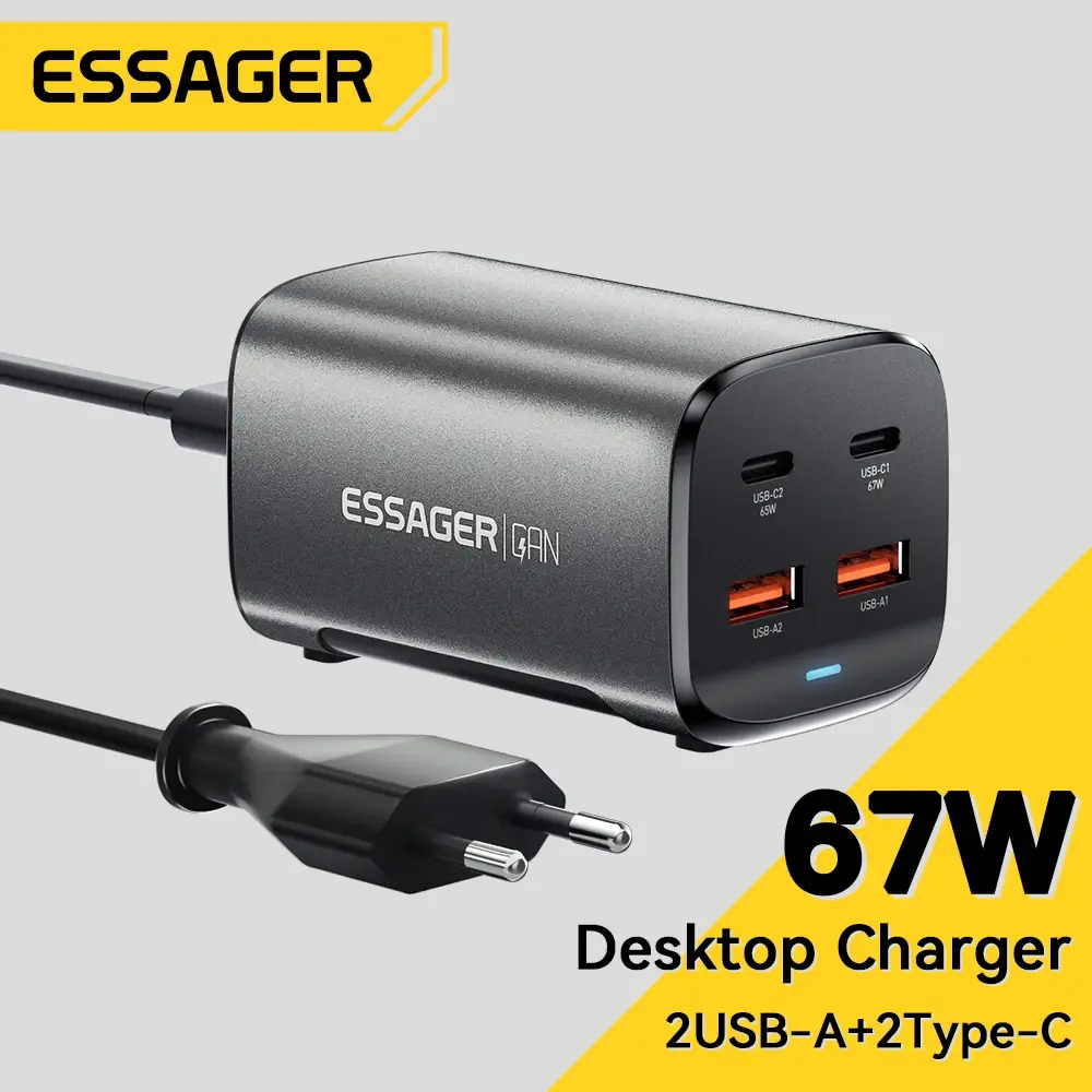 Essager 67w usb c gan carregador desktop carga rápida 4.0 qc 3.0 pd tipo c carregamento rápido para macbook samsung popc iphone 15 portátil