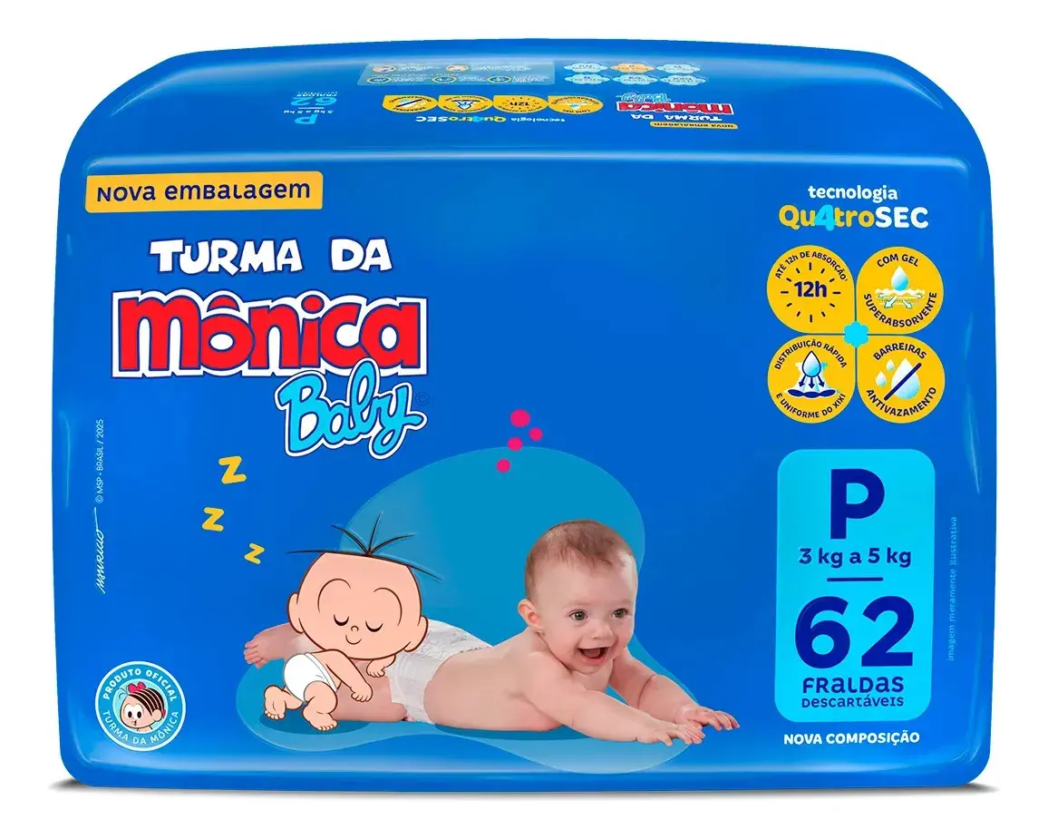 Fraldas Descartáveis Baby Qu4troSec Com 62 Unidades Tamanho P Turma da Mônica thumbnail 2