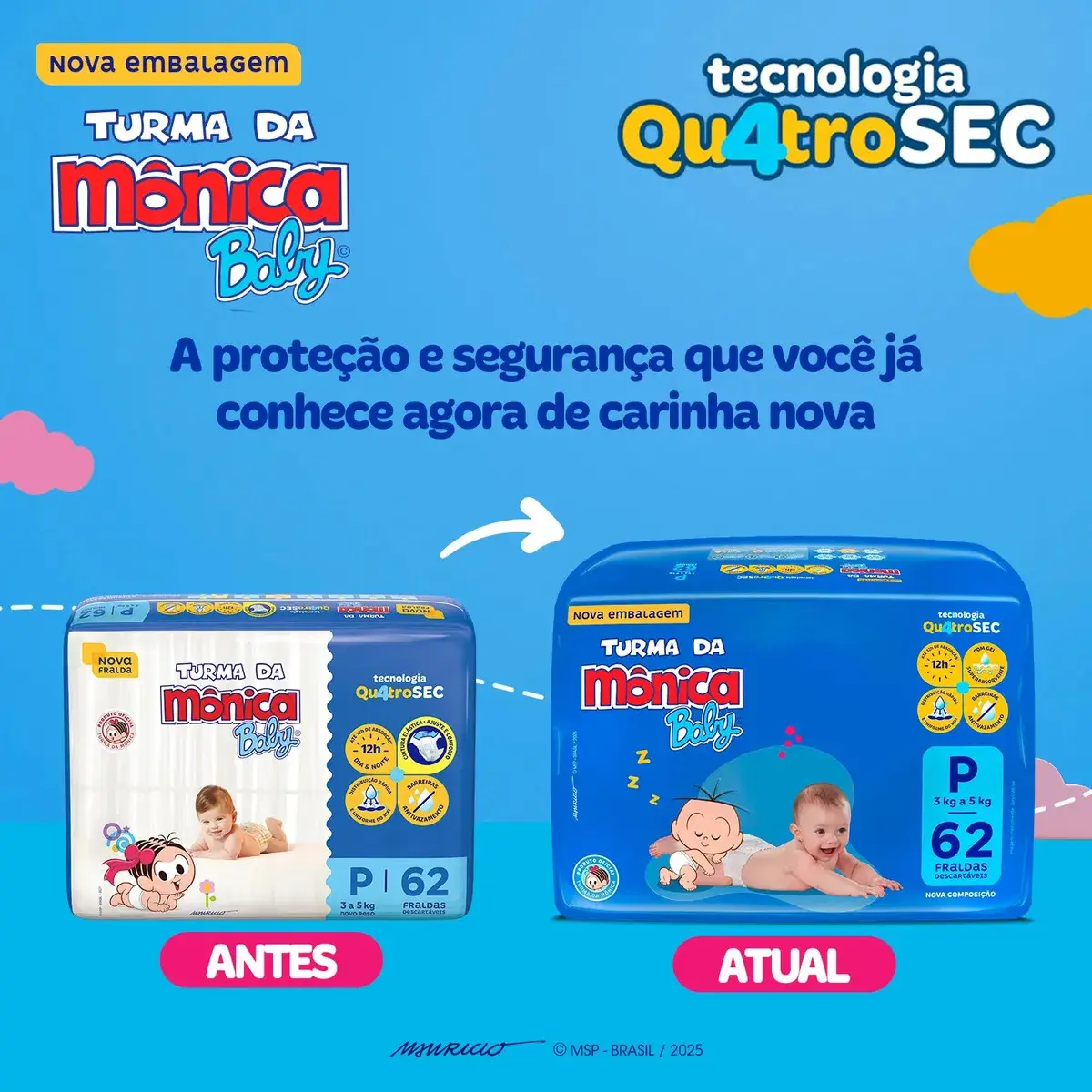 Fraldas Descartáveis Baby Qu4troSec Com 62 Unidades Tamanho P Turma da Mônica thumbnail 3