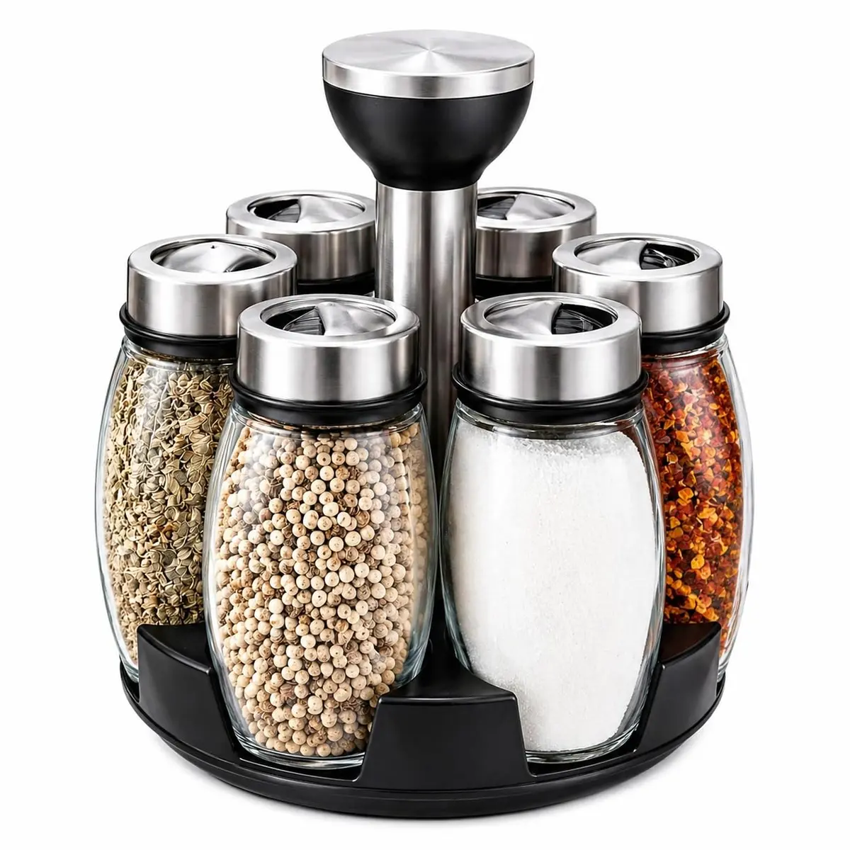 Porta Temperos Giratório 360° 7 Potes de Vidro Tampas Inox Organizador | Suporte rotativo em inox com 7 potes de vidro de 110 ml e tampas em aço inox para bancada de cozinha compacta - 1