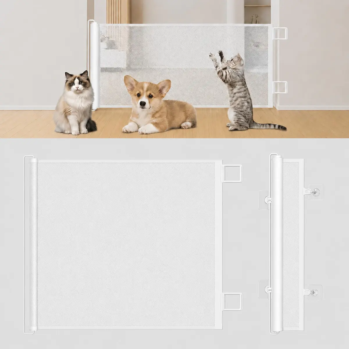 Grade para Cachorros Retrátil, Cercado para Cachorros em Tela de Proteção, Portão de Segurança para Bebês e Pets, Fácil Instalação para Portas, Corredores, Escadas e Varandas(Branco, 78 * 150) - 1