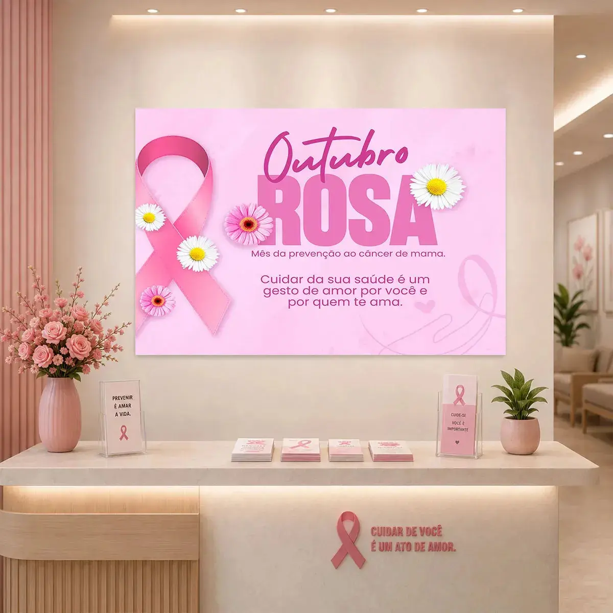 Painel Outubro Rosa Retangular Saúde da Mulher Campanha de Conscientização Decoração Clínica Em Tecido