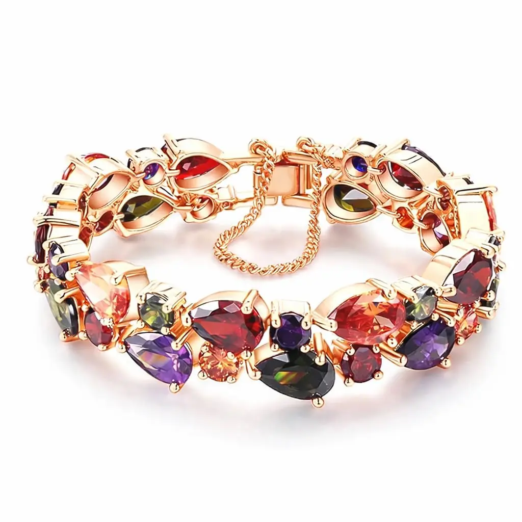Pulseira Feminina Rose Gold com Zircônias sintéticas Multicoloridas - Fecho Seguro com Corrente de Segurança - Elegante, Clássica e Atemporal - 1