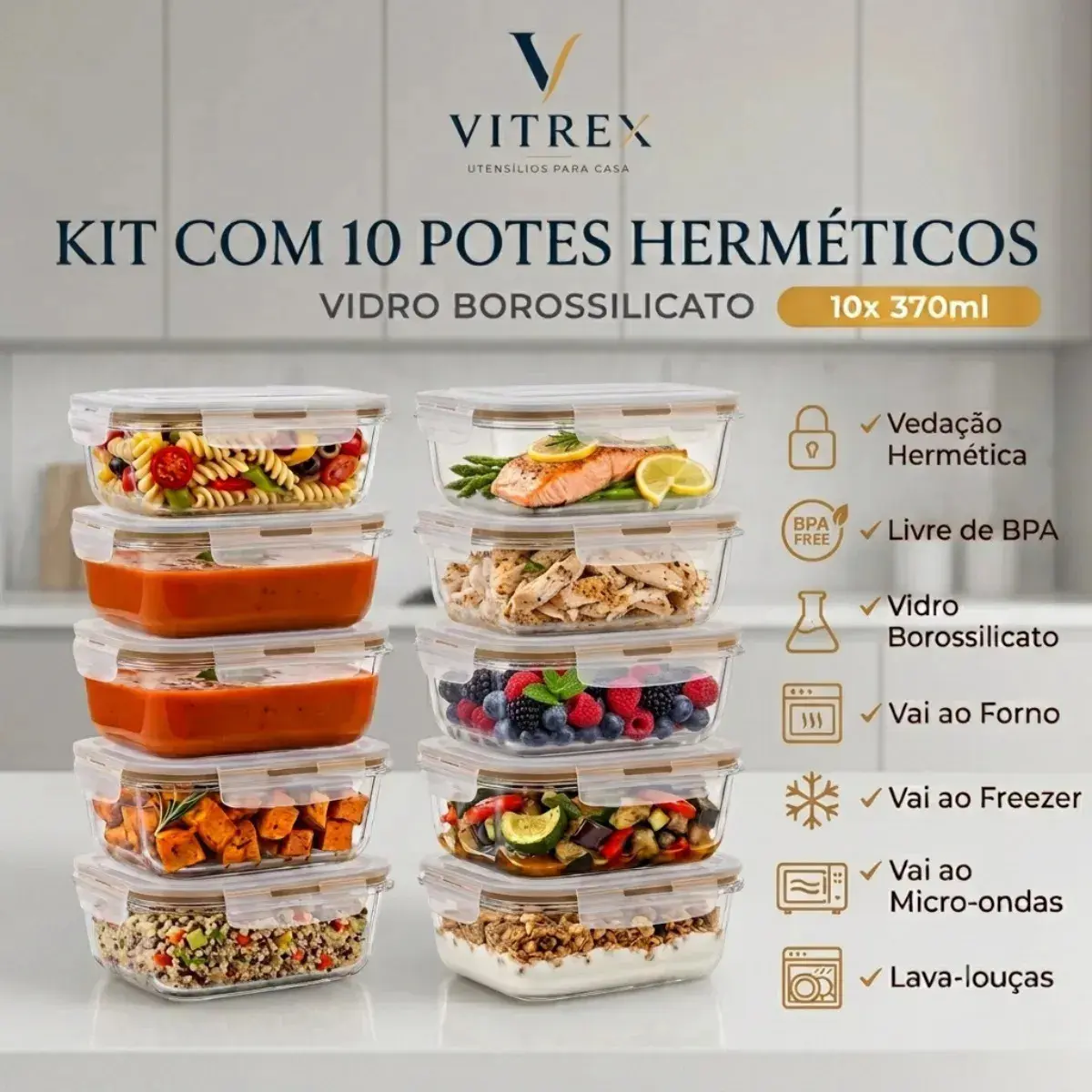 Kit 10 Pote De Vidro Marmita Hermético 370ml Freezer Vitrex - 1