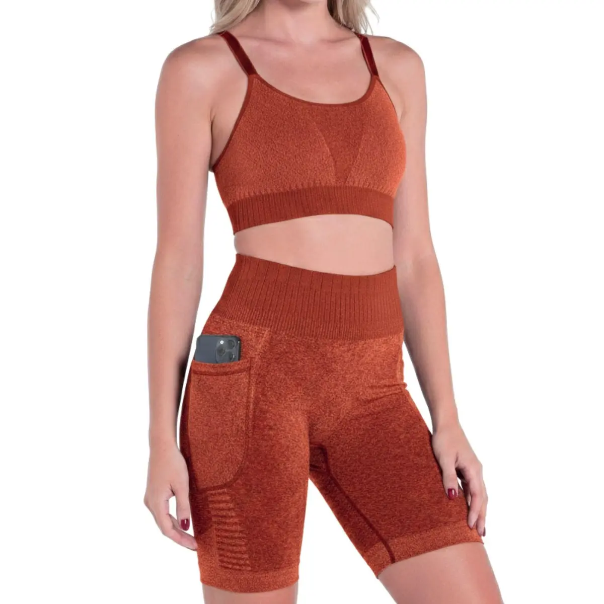 Conjunto Feminino Academia Top e Bermuda Com Bolso Demillus Sem Costura Em Poliamida