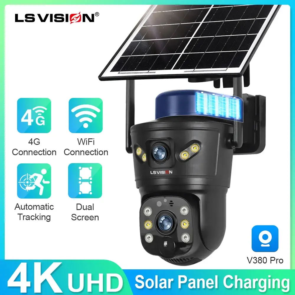Câmera Solar Externa LS VISION 4G/WIFI 8MP com Lente Dupla, PIR, Cartão SIM Integrado, Visão Noturna, à Prova D'água, Câmera de Segurança com Bateria CCTV