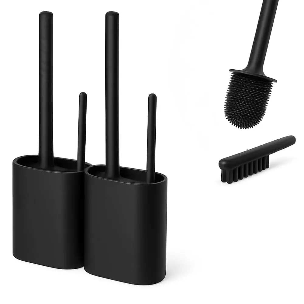 Kit 2 Escovas Sanitárias de Silicone com Suporte, Design Minimalista, Escova Redonda para Limpeza de Vaso Sanitário (Preto)
