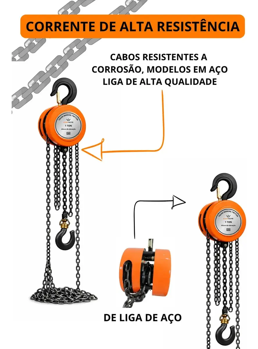 Talha Manual 1 Tonelada 1000kg Corrente 3 m de Elevação Com Freio thumbnail 8