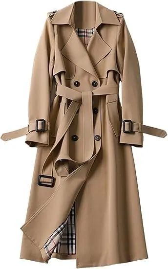 Mulheres Double Breasted Long Trench Coat Belted Notch Lapel Overcoat Ropa externa clássica à prova de vento