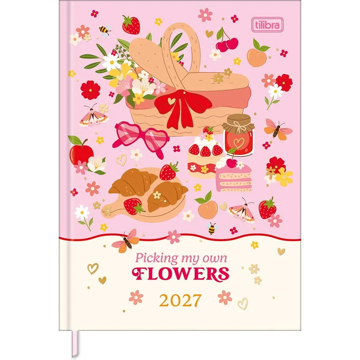 Tilibra - Agenda Costurada Diária 12,3 x 16,6 cm Charme 2027 - Rosa com Cesta