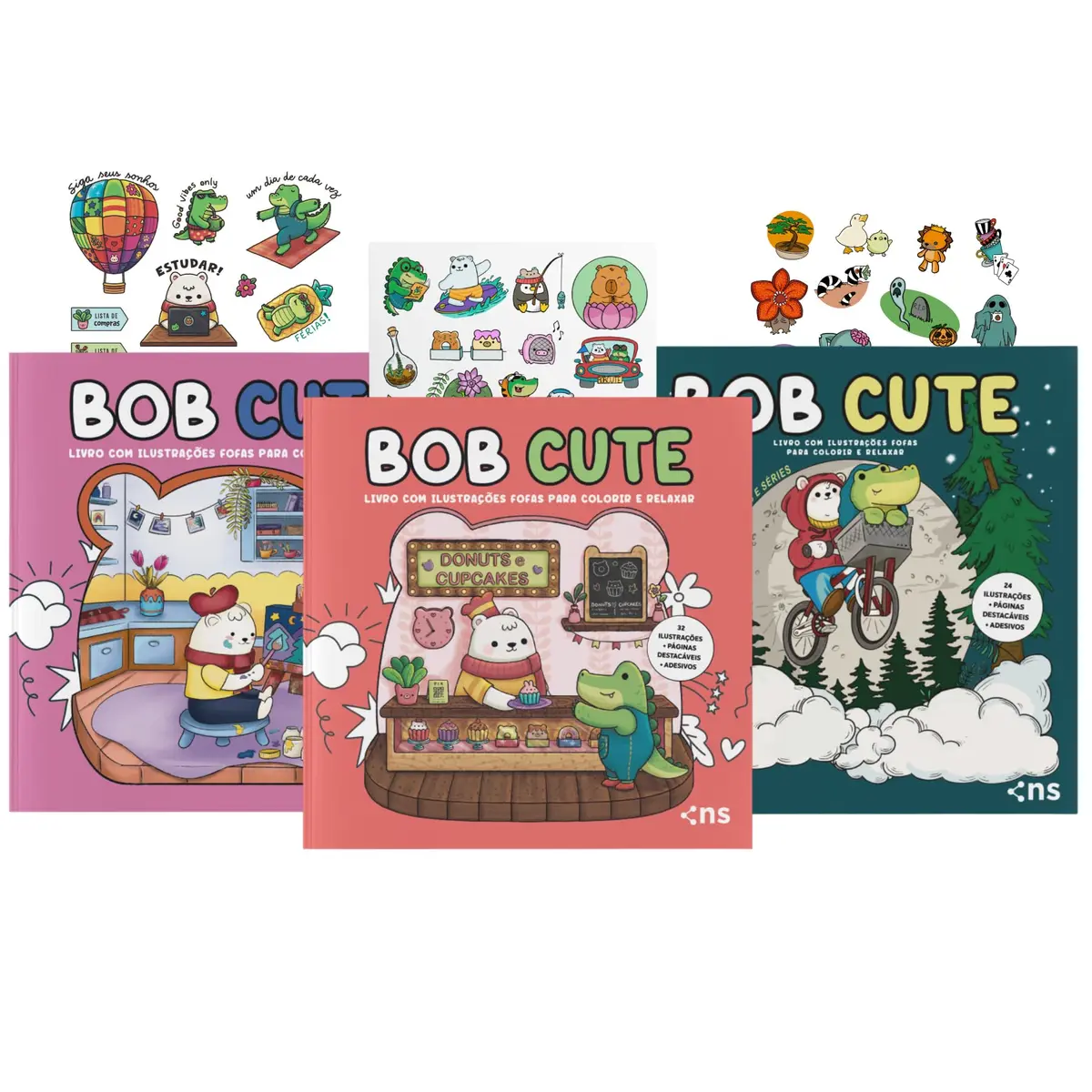 COMBO BOB CUTE - Kit com 3 Livros de colorir para todas as idades: acompanha adesivos e ilustrações originais fofas - papel 180gr - 1