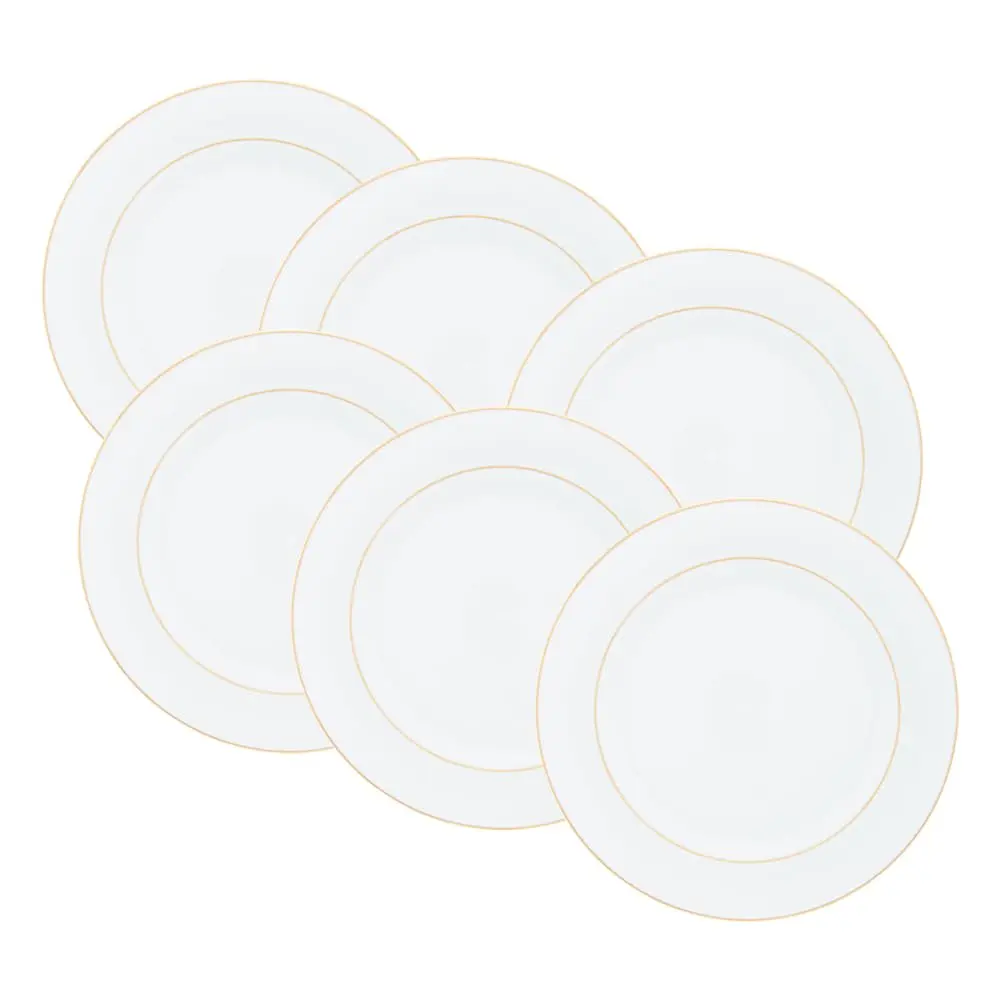 WOLFF - Conjunto 6 Pratos Rasos de Porcelana com Fio de Ouro Mônaco Branco 27cm x 2,5cm - 1