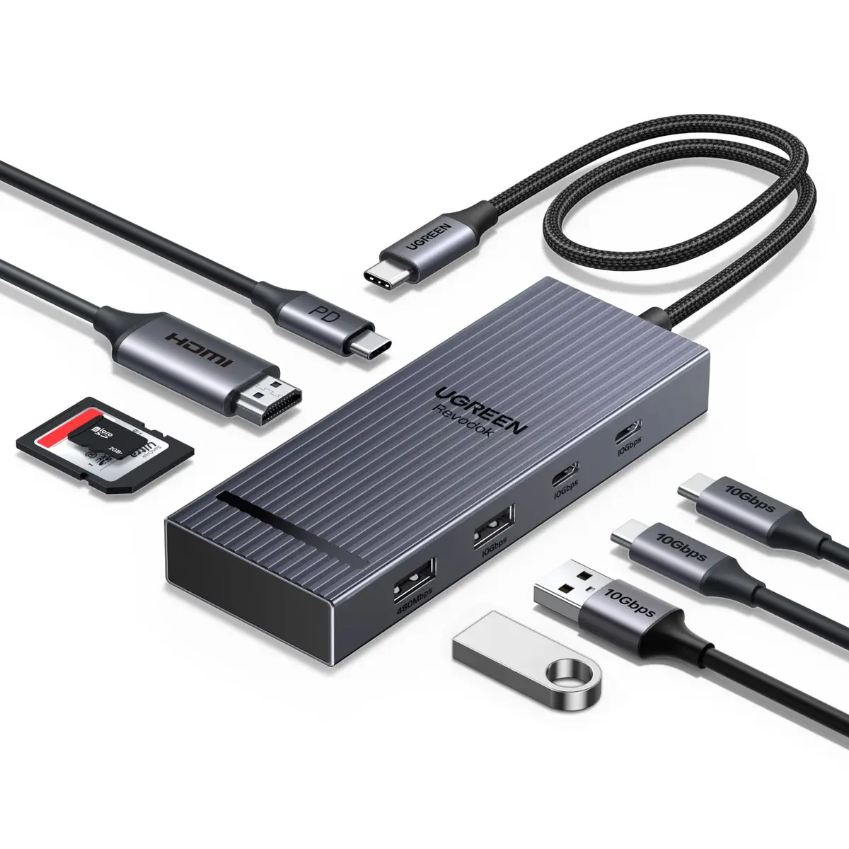 UGREEN Revodok Pro Hub USB C 8 em 1 Adaptador Multiportas | HDMI 4K@60Hz, 2 USB-C 3.2, USB-A 3.2 e 2.0, SD/TF 170MB/s, PD 100W, Compatível com MacBook Pro/Air, iPad Pro, XPS e ThinkPad