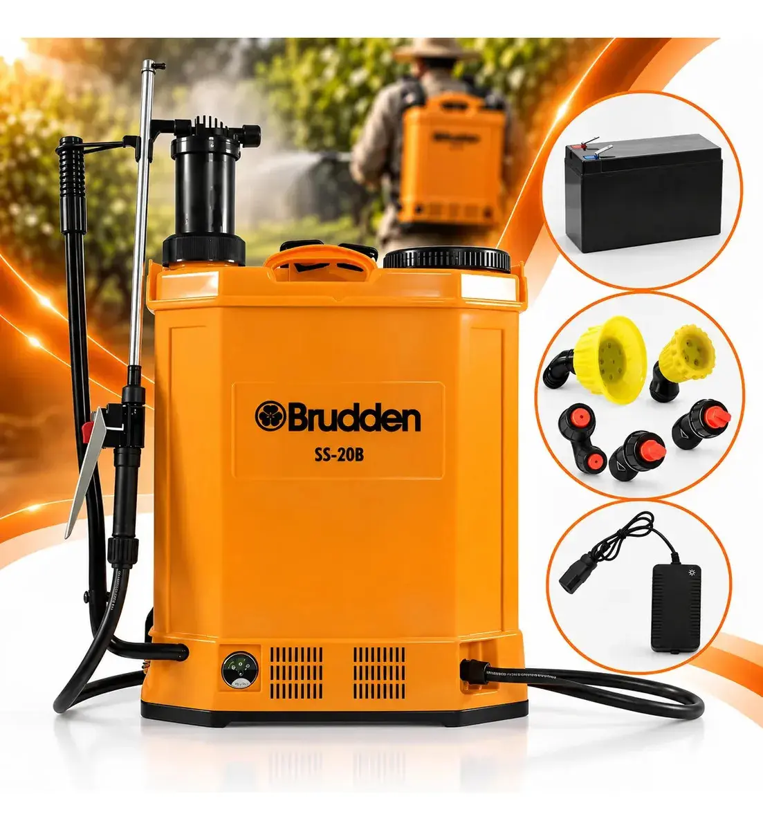 Pulverizador Mochila de Pressão Brudden 20L Bateria 12V Autonomia 10h