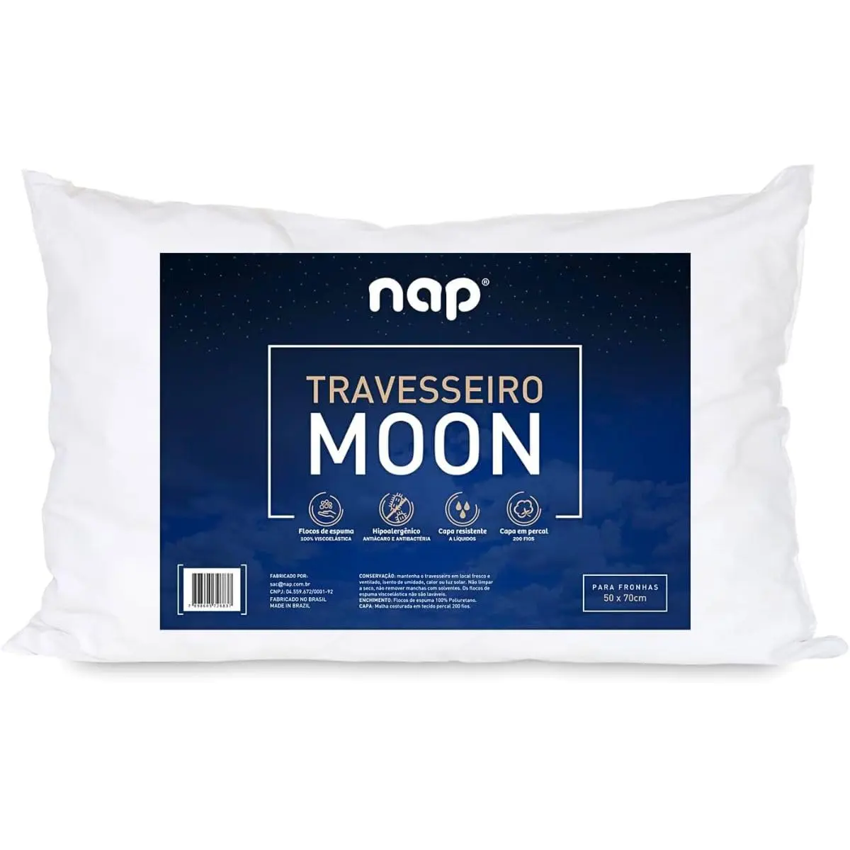 Z Pass Sleep Travesseiro Nasa MOON Flocos Premium Toque de Pluma Viscoelástica com capa Percal 200 fios 100% algodão repelente a água para fronhas 50x70cm - Branco - 1
