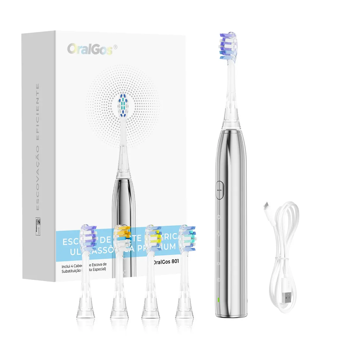 OralGos Escova de Dentes Elétrica Adulto, Prata | Vibração Sônica para Limpeza Profunda, Múltiplos Modos de Escovação, Recarregável USB, com 3 Cabeças Substituíveis