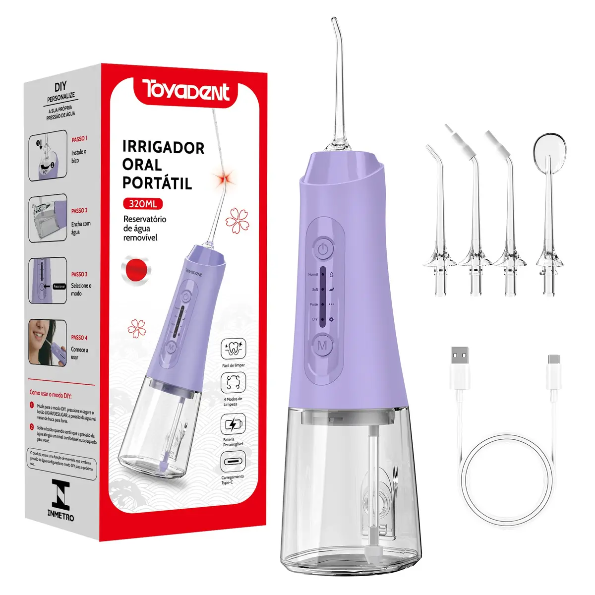 TOYADENT Irrigador Dental Portatil 320ML, Limpeza Profunda, 4 Bicos, Roxo | Reservatório Removível de 320ml, 4 Modos, 4 Bicos Inclusos, Bateria Recarregável, IPX7 à Prova d'Água