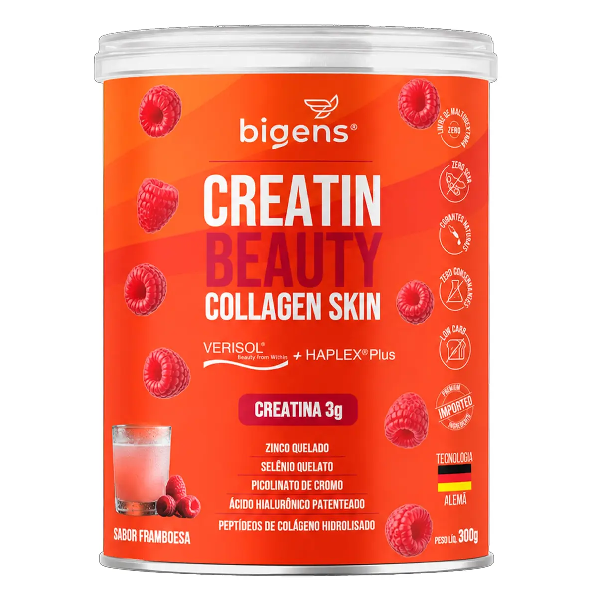 Bigens Creatin Beauty Collagen Skin, 3g de Creatina, Framboesa, 300g