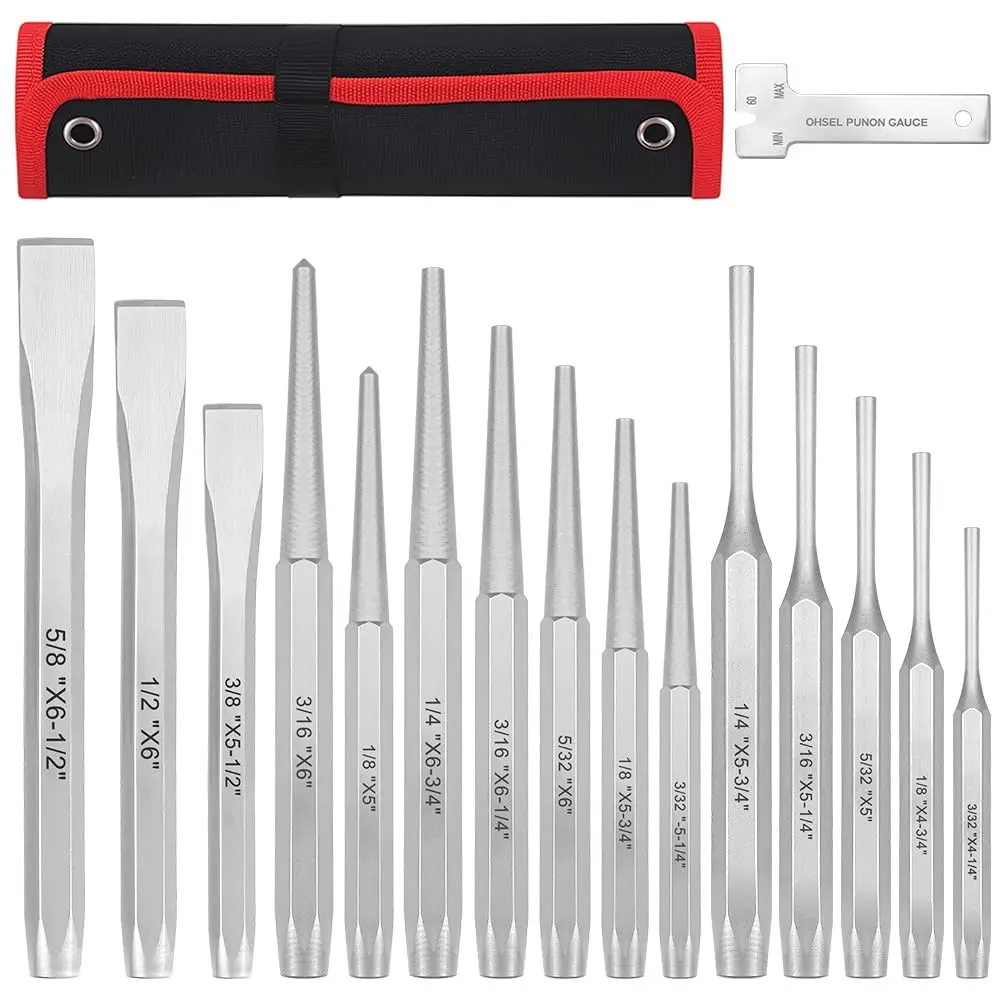 Conjunto de Punção E Cinzel, Conjunto de Perfurador E Cinzel 16 Peças, Conjunto de Cinzel E Perfurador Frio, Tool Conjunto de E Cinzel de 16 Peças, Conjunto de Perfurador E Cinzel com Bolsa