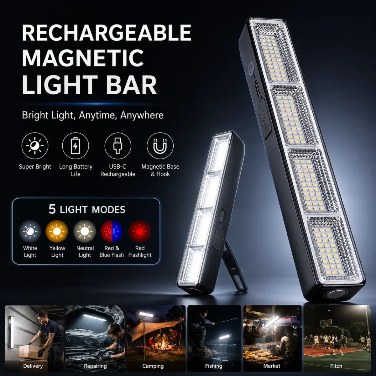 Barra de Luz LED Magnética Recarregável USB Portátil com 3 Modos, IP66 à Prova d'Água, Lâmpada de Emergência e Power Bank para Camping, Garagem, Reparos e RV