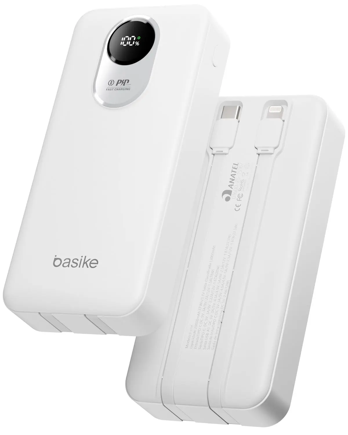 Basike Power Bank 20000mAh, Carregador Portátil, QC 22,5W + PD 20W (Branco) | Carregamento Rápido, USB-A + USB-C, 2 Cabos Integrados (USB-C e Lightning), Display Digital LED, Proteção Inteligente