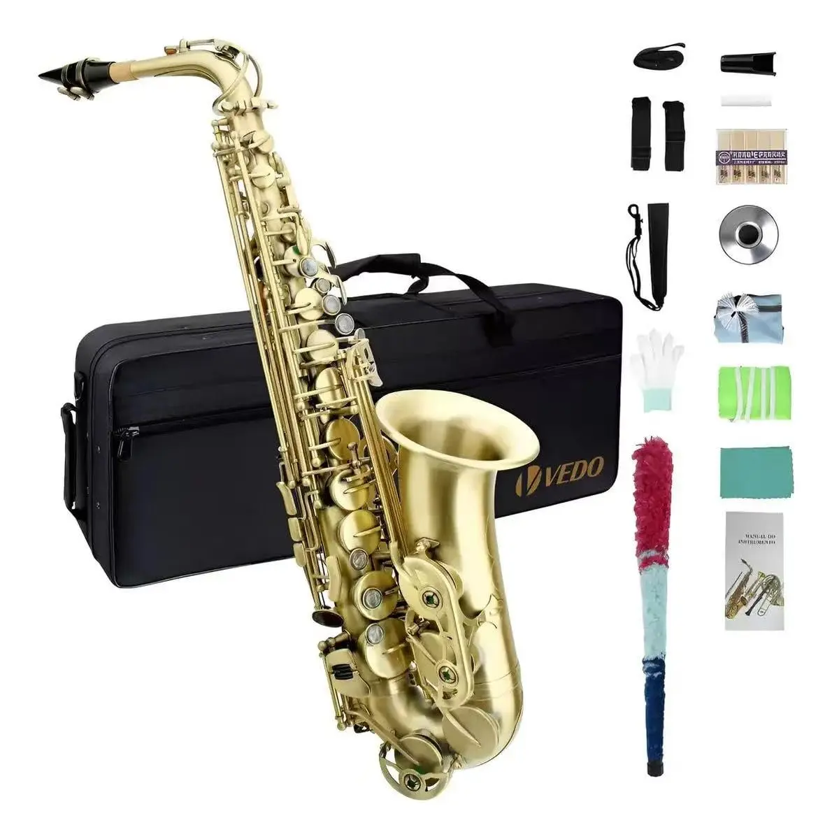 VEDO Saxofone Alto Mi bEMOL – Dourado/Ouro, para Iniciantes, Estudantes e Profissionais, Material H68 Cobre, Regulagem Profissional, Chaves com Madrepérola, Estojo Incluso