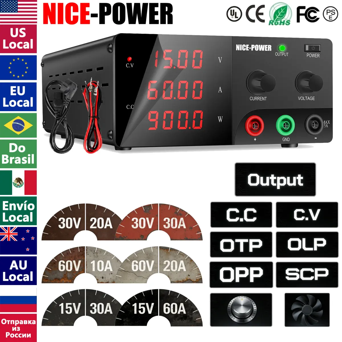 Nice-power 15v 30v 60v dc fonte de alimentação variável, 10a 20a 30a 60a fonte de alimentação de bancada de alta potência com botão codificador/interruptor de saída