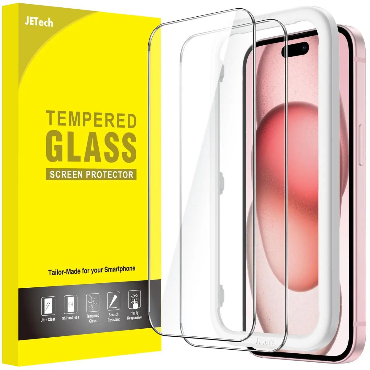 JETech Protetor de Tela para iPhone 15, 2 Unidades | 9H Película de Vidro Temperado, HD Transparente, Ferramenta de Instalação Rápida, Compatível com Capa - 1