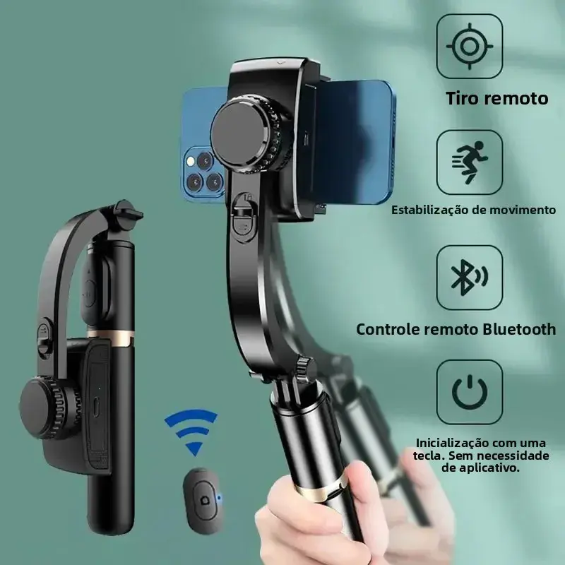 Estabilizador Gimbal Portátil Q08 com Bastão de Selfie, Luz de Preenchimento, Tripé Bluetooth para Smartphone e Câmeras de Ação