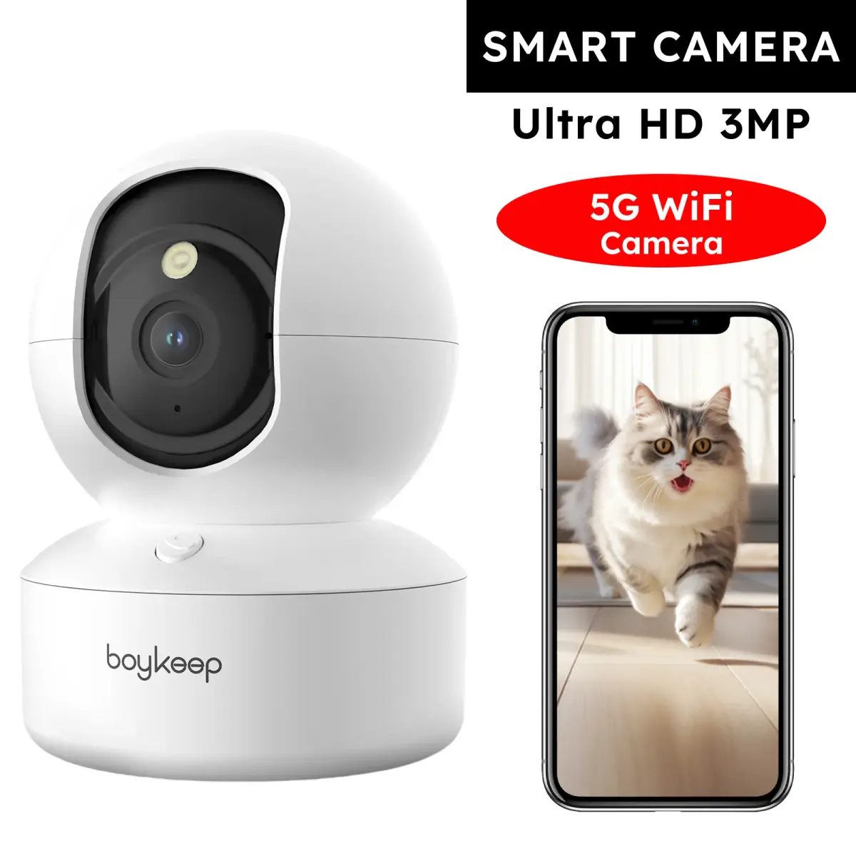 Câmera para cães de estimação Boykeep 2K com aplicativo de telefone, câmera de segurança interna WiFi 5G / 2,4 GHz para bebês, 360 ° Pan & Tilt, Áudio bidirecional, Visão noturna