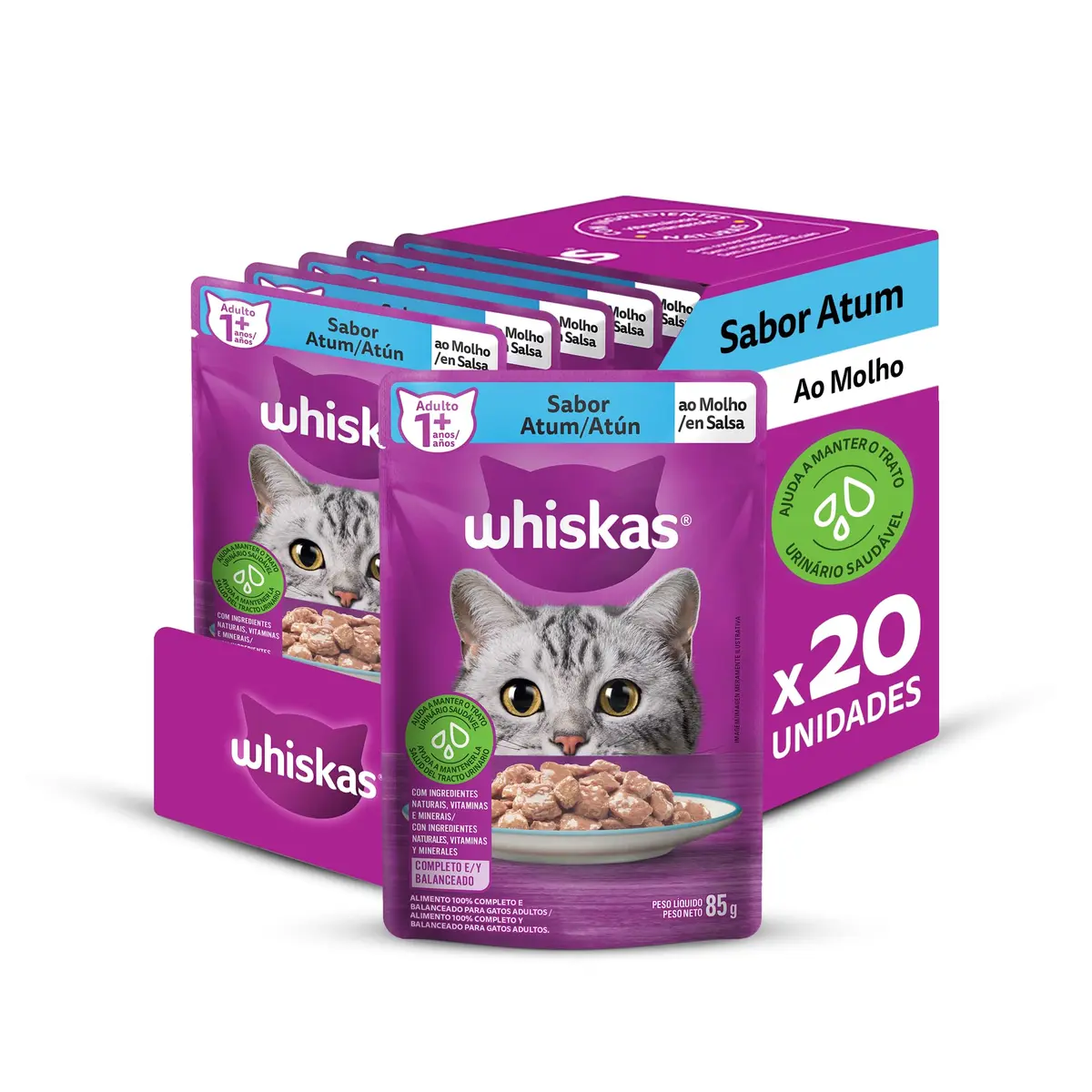 Pack Ração Úmida Whiskas para Gatos Adultos, Sachê Atum ao Molho, 85g - 20 unidades