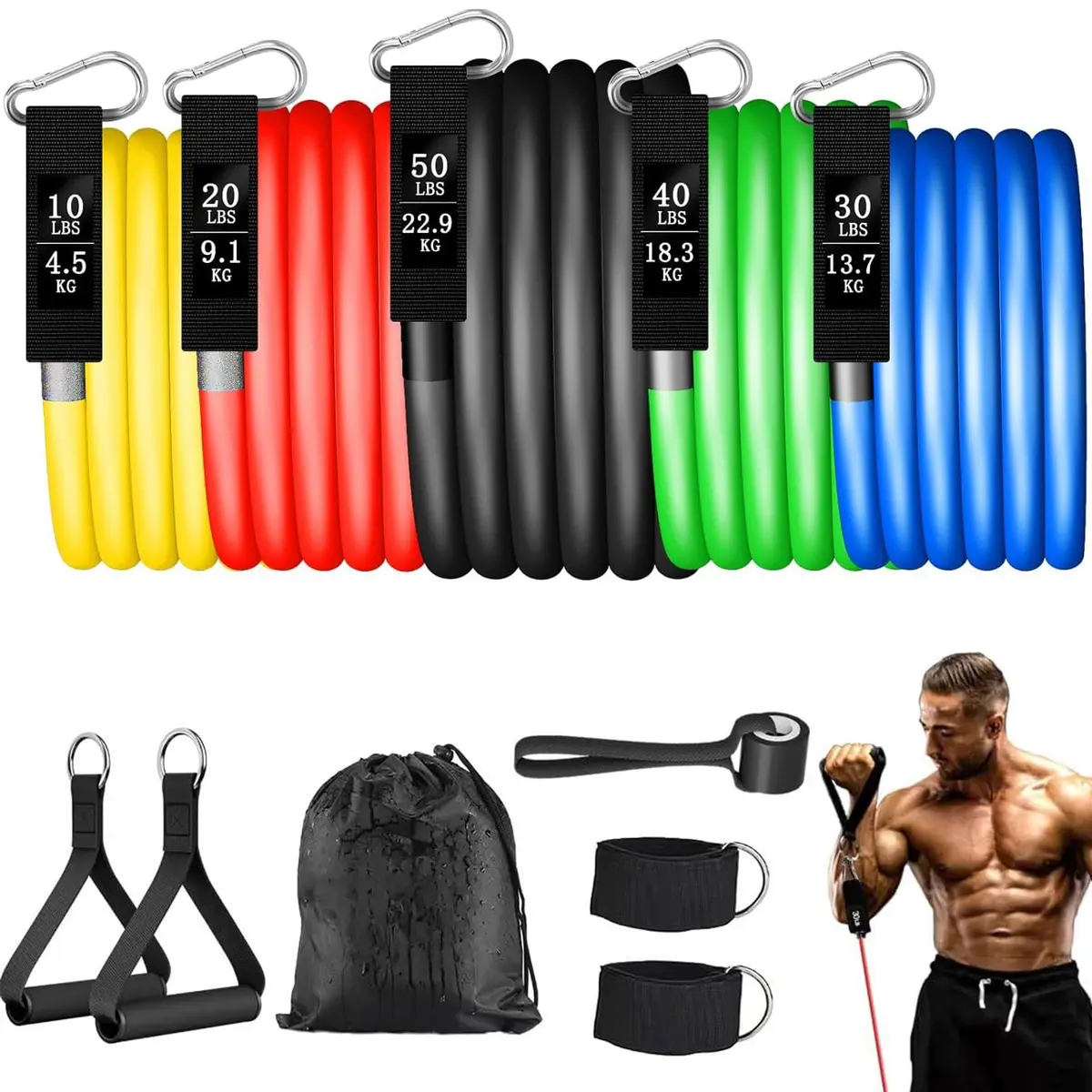 Elástico para Exercícios, Elásticos para Musculação, 5 Níveis Extensor Elástico com Resistência Empilhável de até 150 lb, Pegadores Reforçados com Espuma Antiderrapante para Academia e Treino em Casa