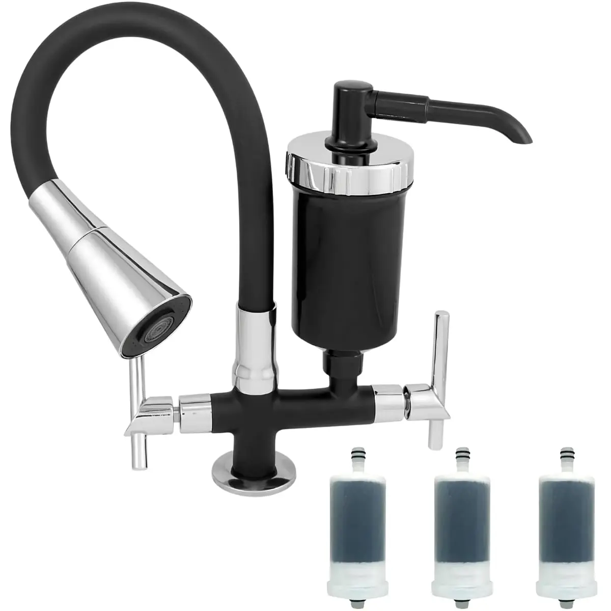 Torneira Com Filtro Bancada Gourmet Flexível + 3 Refil Vela Acabamento C-72 Cromado Cor Preto