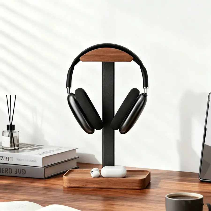 Suporte para Fones de Ouvido em Madeira Sólida Nogueira Preta + Liga de Alumínio, Suporte para Headset Gamer, Prateleira de Exibição com Base de Armazenamento - 1