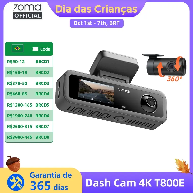 70Mai 4K T800E Câmera de painel 3 em 1, dianteira, traseira e interna, F/1.55, visão noturna, supercapacitor, GPS, controle por voz, DVR para carro 70Mai T800E - 1
