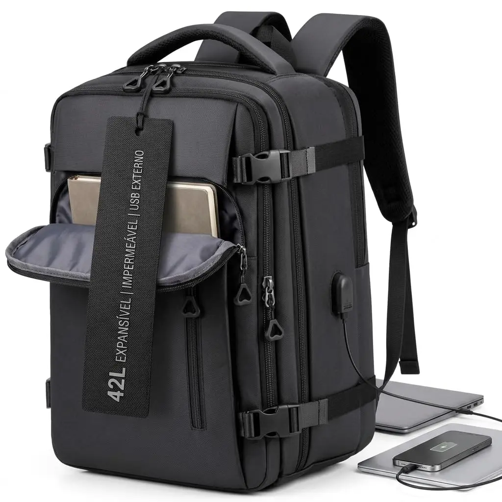 Mochila Executiva Expansível 42L Impermeável | Viagem, Notebook até 15,6”, com Porta USB, Unissex para Trabalho, Faculdade, Bagagem de Mão e Viagens