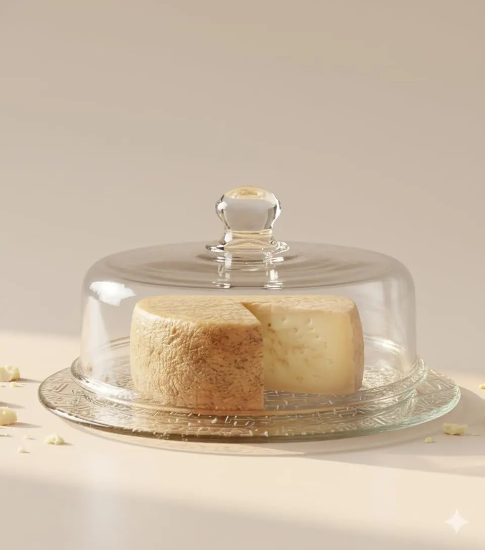 Queijeira de Vidro com Cúpula e Prato Decorado 23cm, Boleira Pequena de Vidro, Porta Frios Ideal para Servir e Conservar Queijos, Bolos e Sobremesas, Design Clássico para Mesa Posta
