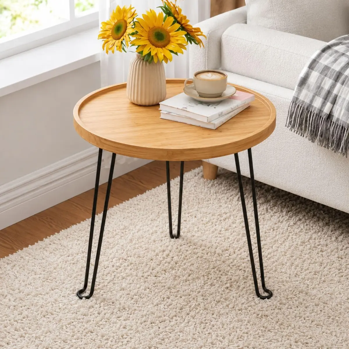 Mesa Lateral Dobrável em Bambu 42x45cm com Pés Metálicos Retráteis Compacta | Mesa de Apoio Multiuso 2 em 1 Bandeja Petisqueira Removível para Sala, Quarto e Varanda