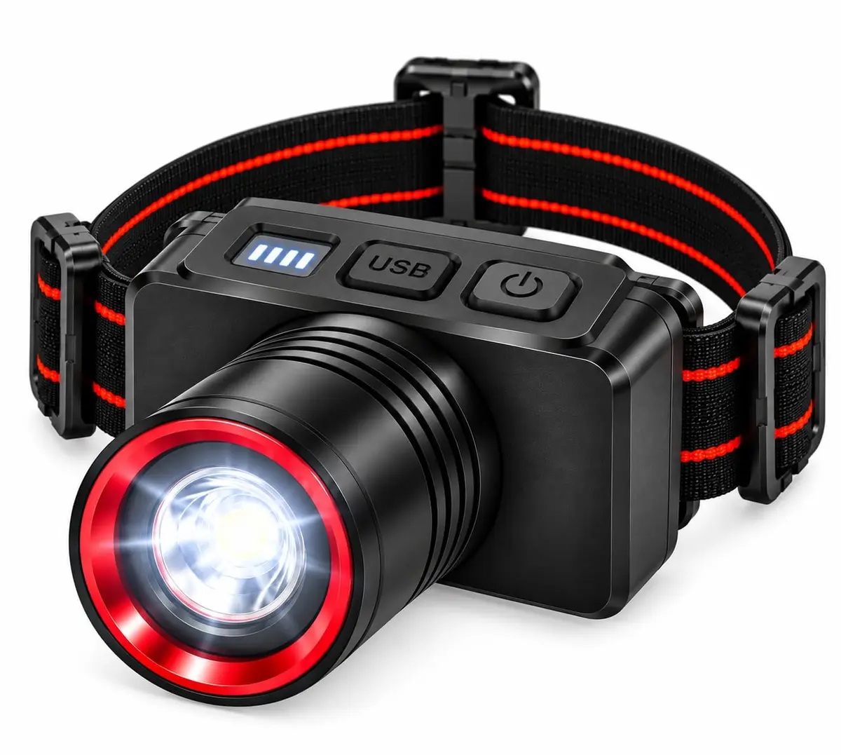 Lanterna de Cabeça LED USB,Lanterna de Cabeça Recarregavel À Prova d'Água | Lanterna com Sensor e Foco Ajustável, Indicador de Bateria, Longo Alcance, Faixa Elástica Ajustável, Ideal para Camping