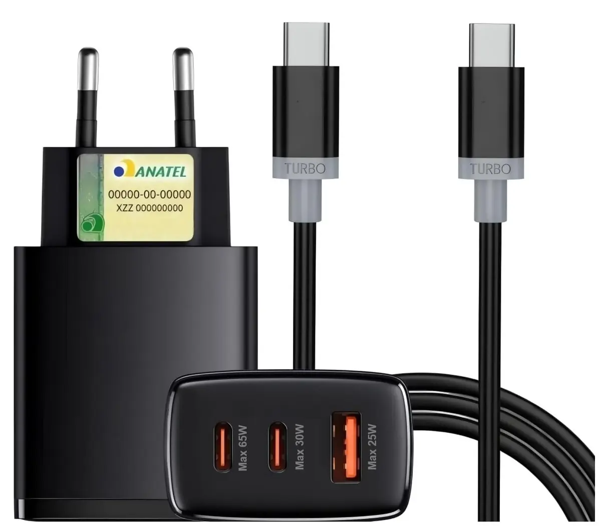 Carregador Turbo 65W com 3 Entradas (2 USB-C Turbo de 65W, 30W e 1 USB-A de 25W) + Cabo USB-C de 1m – Carregamento Rápido, Compatível com iOS, Android, Tablets e Todos os Dispositivos com USB Tipo-C