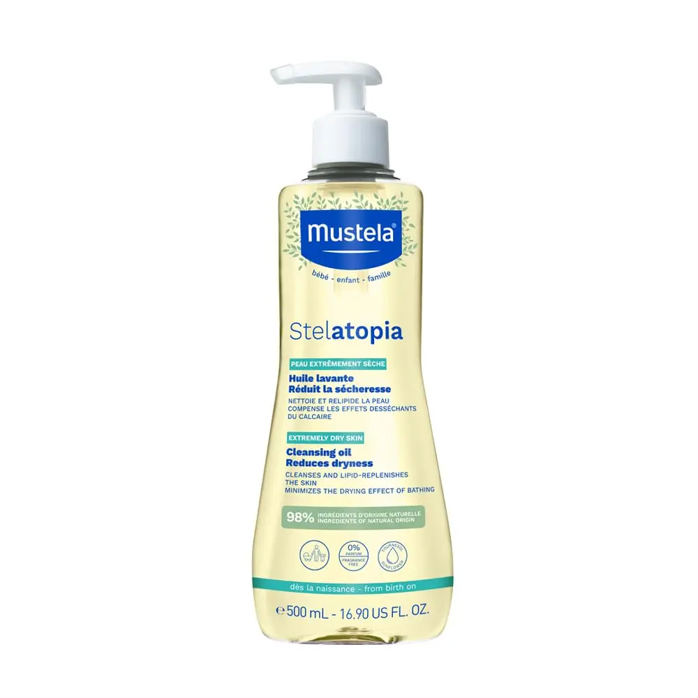 Mustela Stelatopia Óleo de Banho 500 ml - Limpeza e Hidratação suave para Peles Secas e extremamente Ressecadas - Seguro Para Bebês, Crianças e Adultos - Sem Fragrância - Stelatopia - 1
