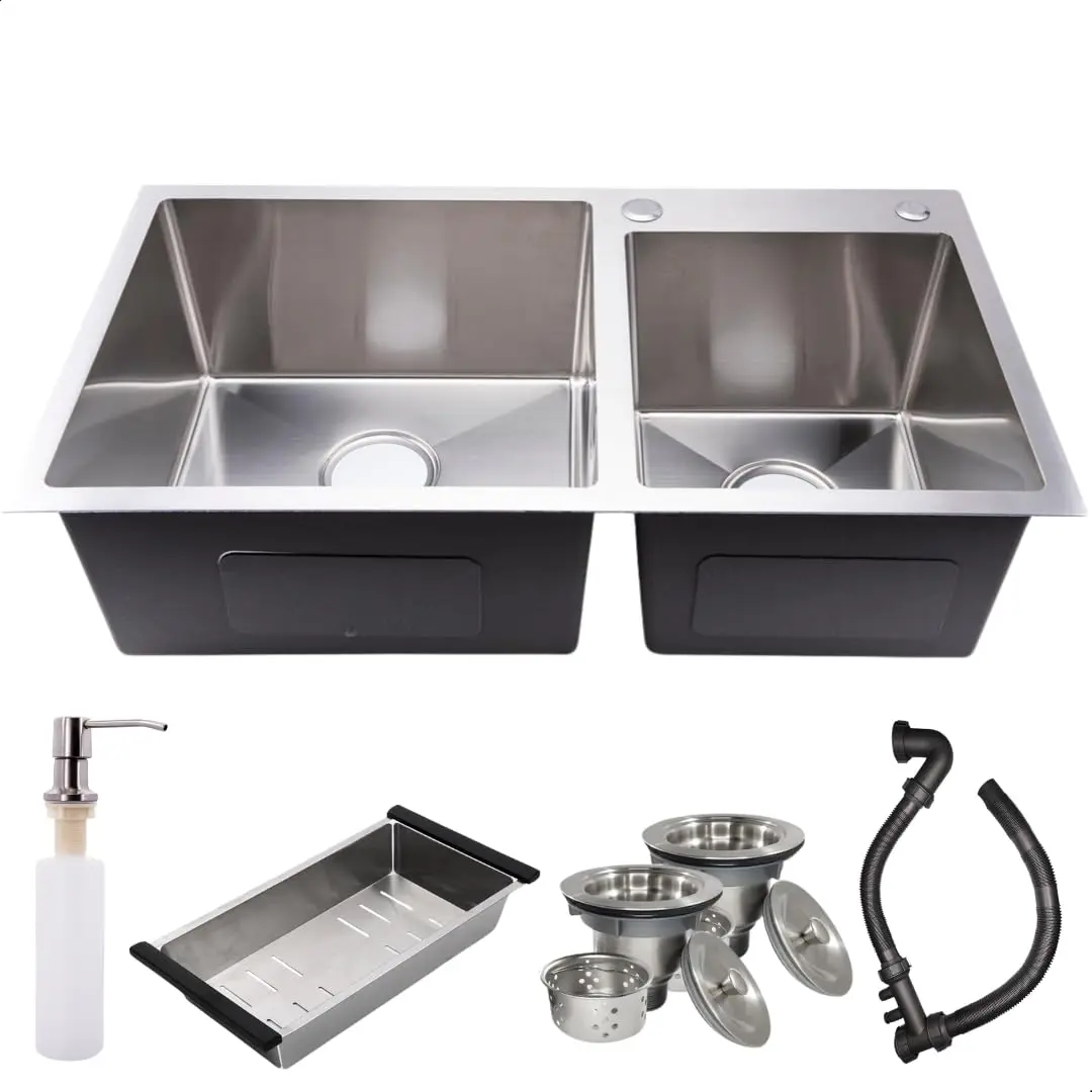Cuba Dupla Gourmet Pia Bancada Cozinha Quadrada Inox 304 Escovado 78x43 SOFTINOX — Kit Cuba Dupla Embutir ou Sobrepor Pia Cozinha Gourmet com Dispenser Detergente, Cesto Escorredor e Válvula Ralo