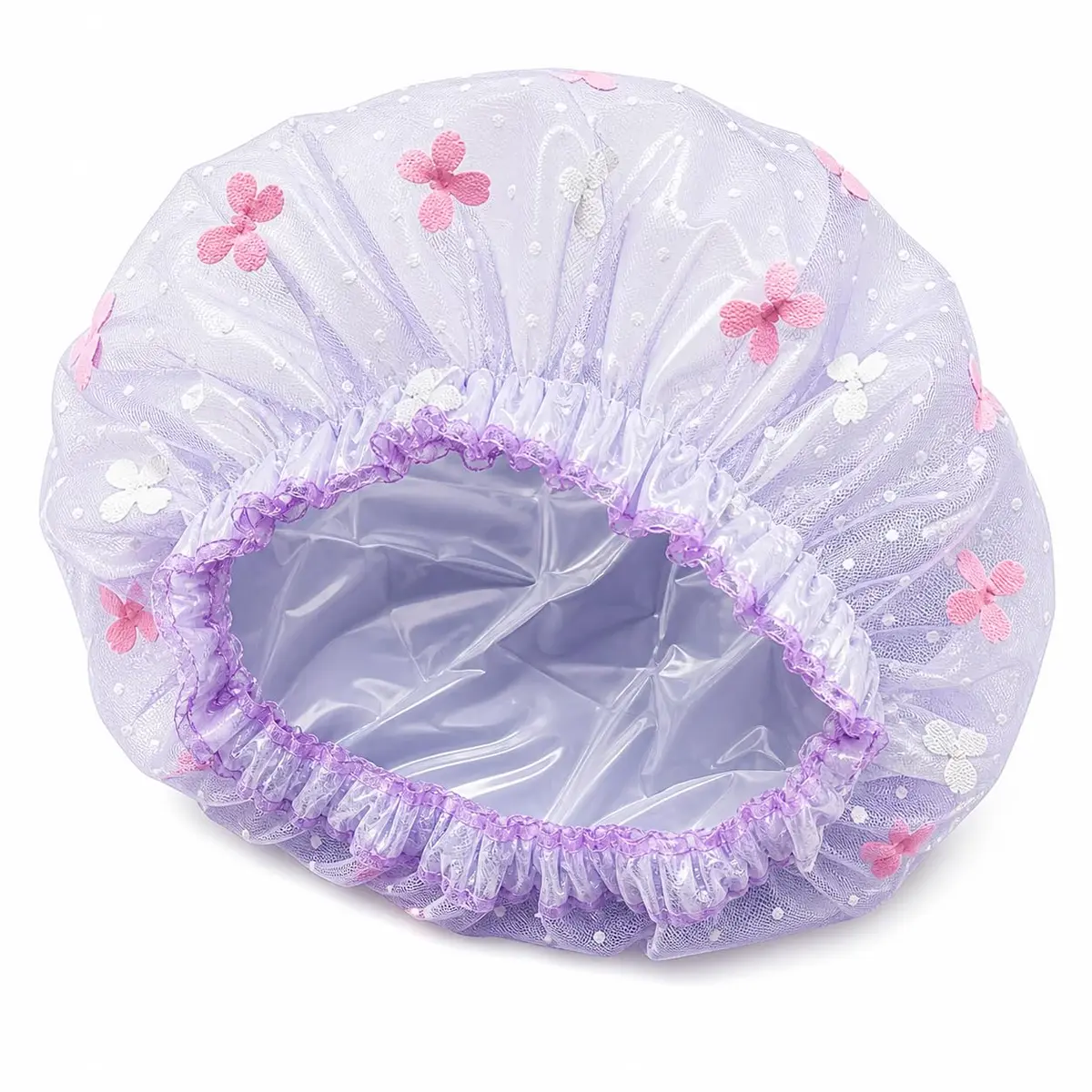Touca de Banho Dupla Camada, Tule com Plástico Impermeável, Estampas Variadas, Camada Impermeável Linda Delicada, Não Molha Cabelo Confortável - 1