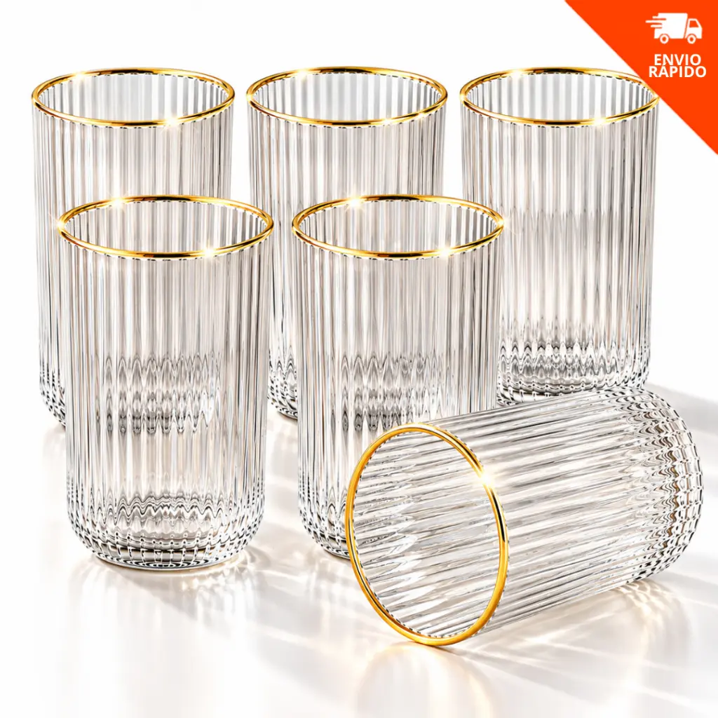 Jogo 6 Copos Versalhes 420ml Vidro Canelado com Borda Dourada para Drinks Suco Água e Refrigerante