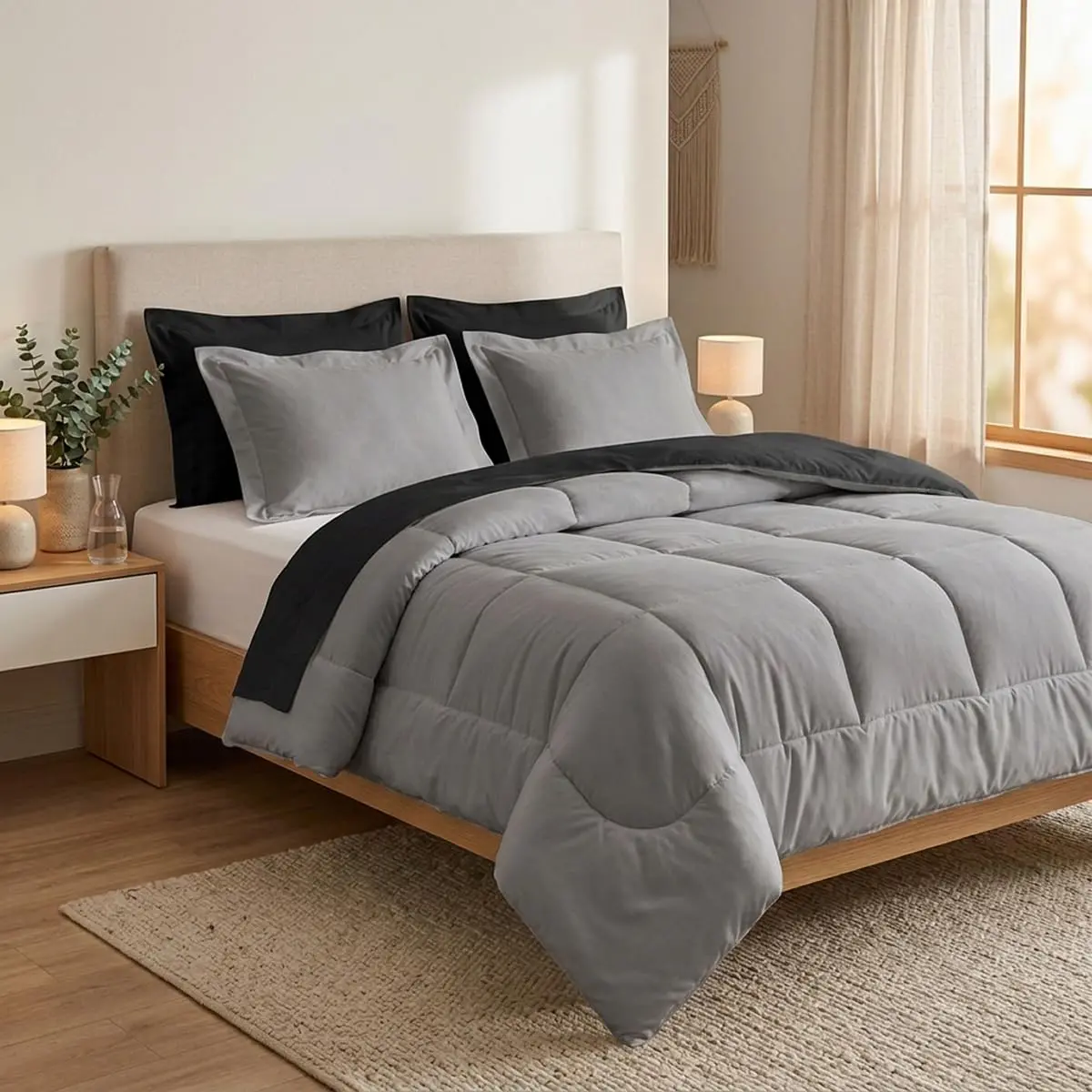 Kit Roupa de Cama Edredom Dupla Face 6 Peças Casal Queen (Preto e Cinza)