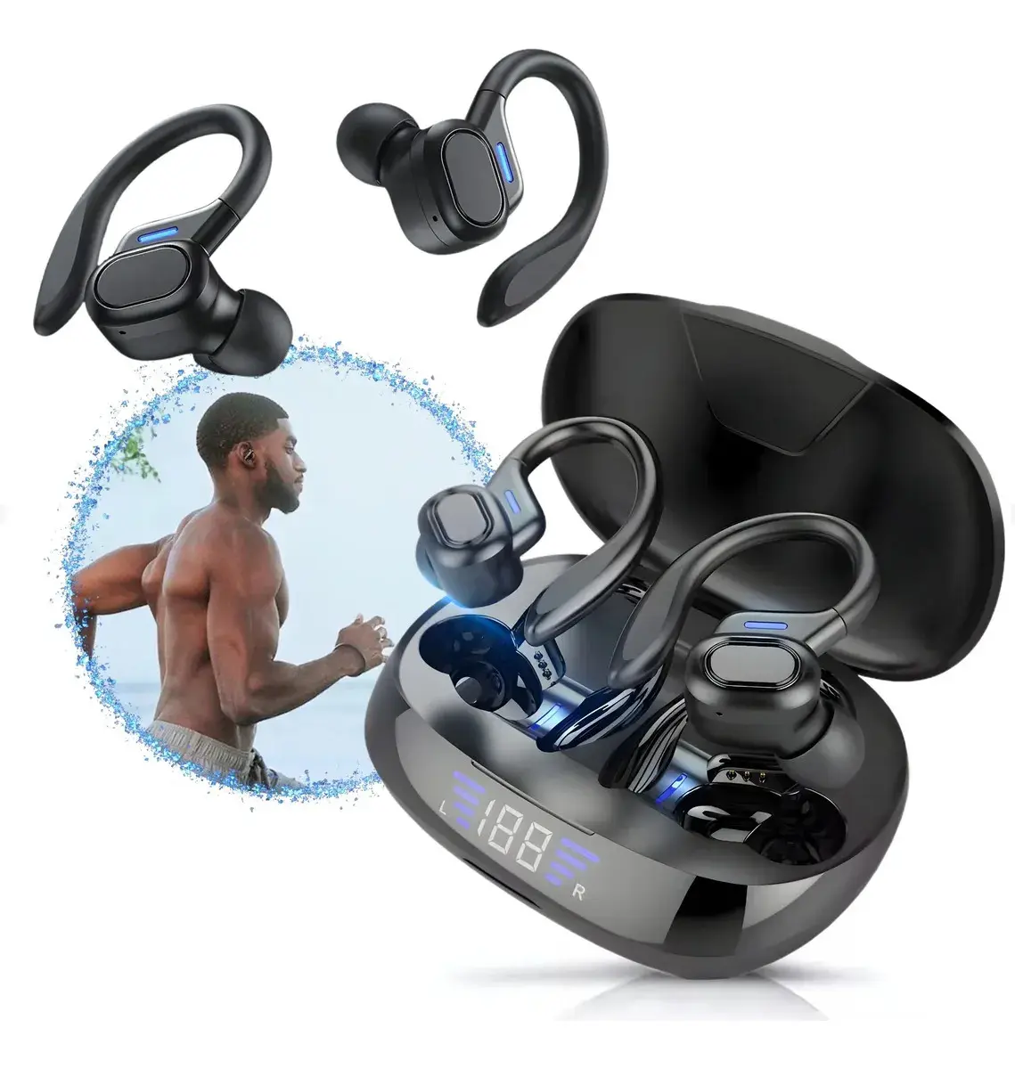 Fone de Ouvido Bluetooth 5.3 Tws Sem Fio Esportivo Compatível Com iPhone Samsung Xiaomi Motorola Com Gancho Premium KAPBOM Preto - 1
