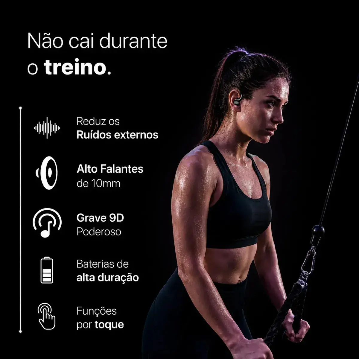 Fone de Ouvido Bluetooth 5.3 Tws Sem Fio Esportivo Compatível Com iPhone Samsung Xiaomi Motorola Com Gancho Premium KAPBOM Preto thumbnail 3