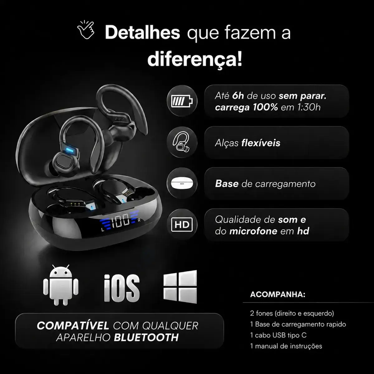 Fone de Ouvido Bluetooth 5.3 Tws Sem Fio Esportivo Compatível Com iPhone Samsung Xiaomi Motorola Com Gancho Premium KAPBOM Preto thumbnail 4