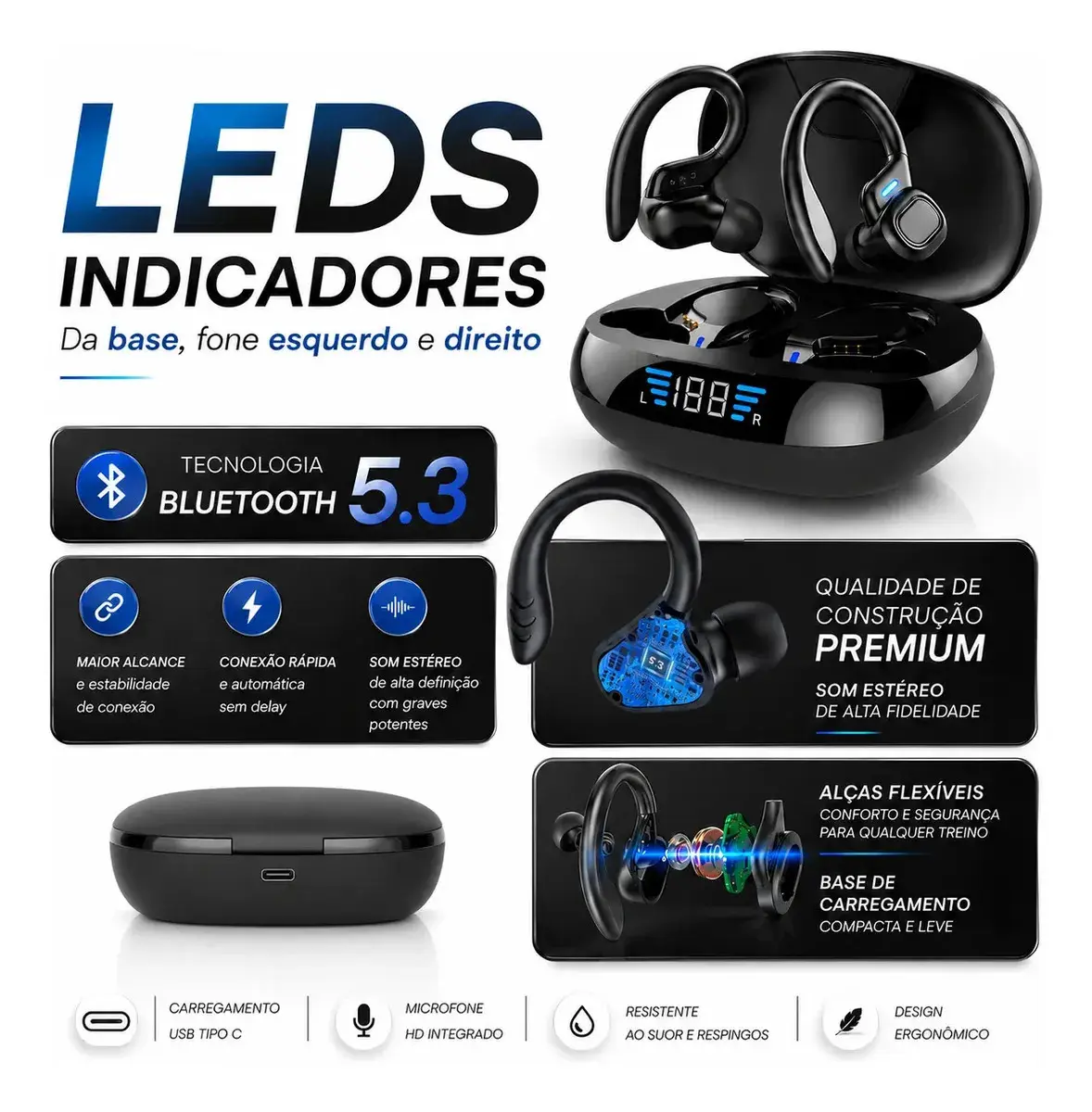 Fone de Ouvido Bluetooth 5.3 Tws Sem Fio Esportivo Compatível Com iPhone Samsung Xiaomi Motorola Com Gancho Premium KAPBOM Preto thumbnail 6